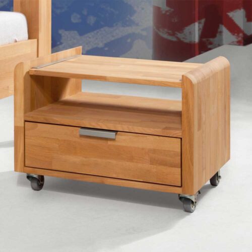 Nachtkonsole aus Buche Massivholz auf Rollen