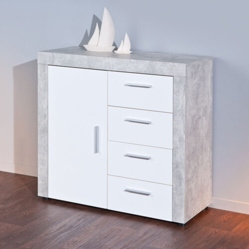 Schlafzimmer Kommode in Weiß Hochglanz Grau Beton Optik