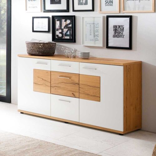 Esszimmer Sideboard in Weiß mit Eiche furniert 165 cm