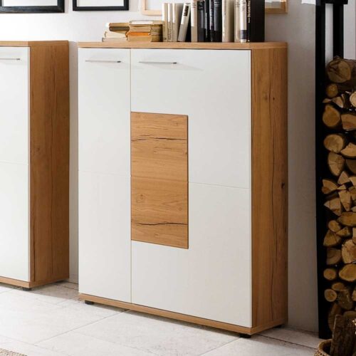 Wohnzimmer Highboard in Weiß mit Eiche furniert 90 cm breit