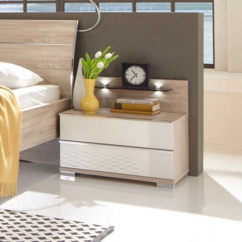 Nachtkonsole in Weiß Eiche Sägerau Glas beschichtet (2-teilig)