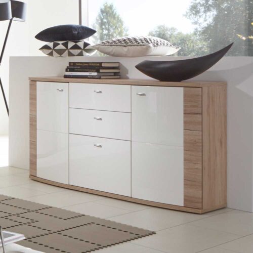 Wohnzimmer Sideboard in Hochglanz Weiß Eiche modern