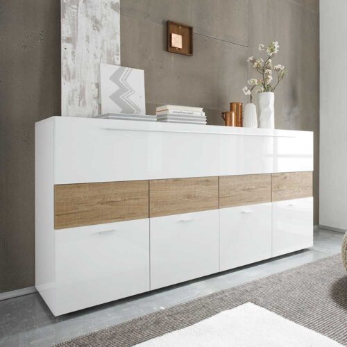 Design Sideboard mit Klappe Weiß Hochglanz Eiche