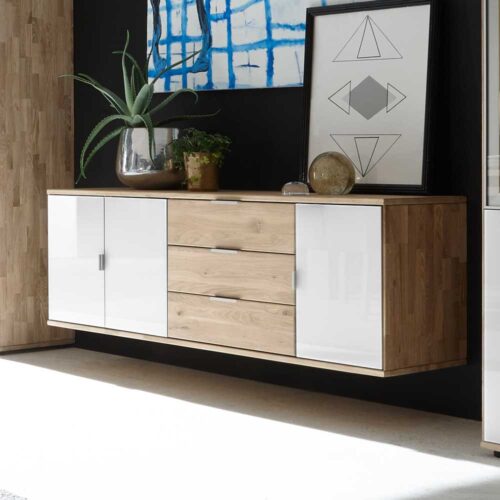 Lowboard aus Wildeiche Massivholz Weiß hängend