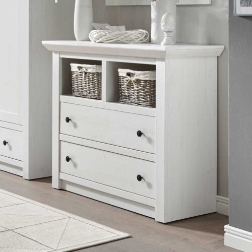 Dielen Kommode in Pinie Weiß mit offenen Fächern