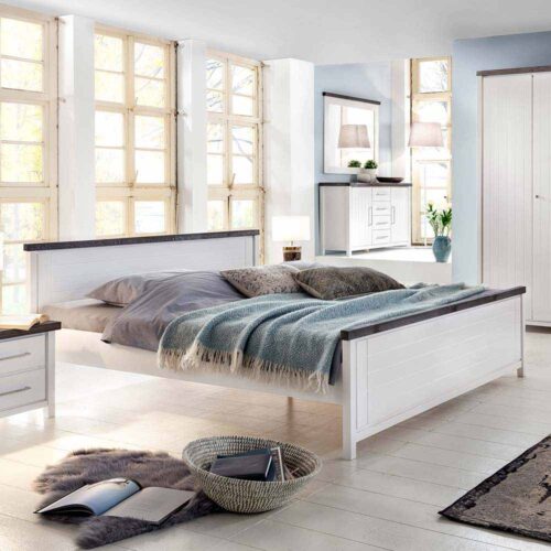 Doppelbett in Weiß Braun Kiefer Massivholz