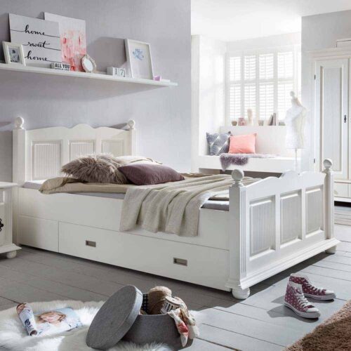 Landhausbett mit Schubladen Weiß Fichte massiv