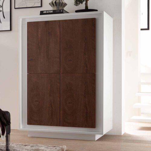 Wohnzimmer Highboard in Weiß Eiche Cognacfarben 4 türig