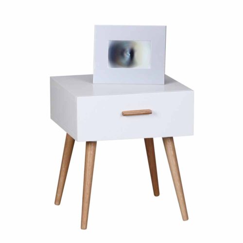 Nachtkonsole in Weiß mit Holzbeinen Schublade