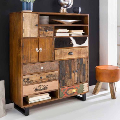 Highboard aus Mangobaum Massivholz Braun Bunt