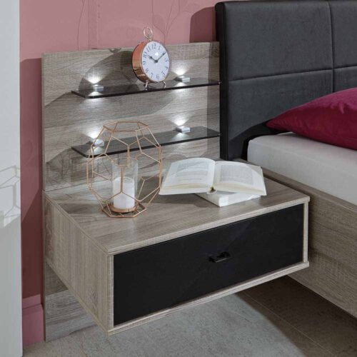Nachtkommode in Eiche Schwarz LED Beleuchtung (2er Set)