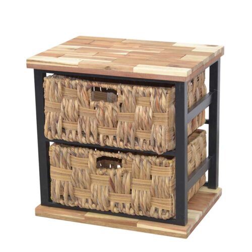 Nachttisch aus Kiefer Massivholz und Eisen Flechtkörben