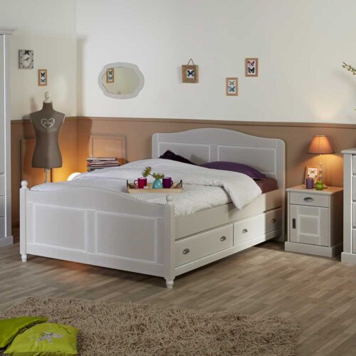 Landhaus Doppelbett in Hellgrau Nachtkommoden (3-teilig)