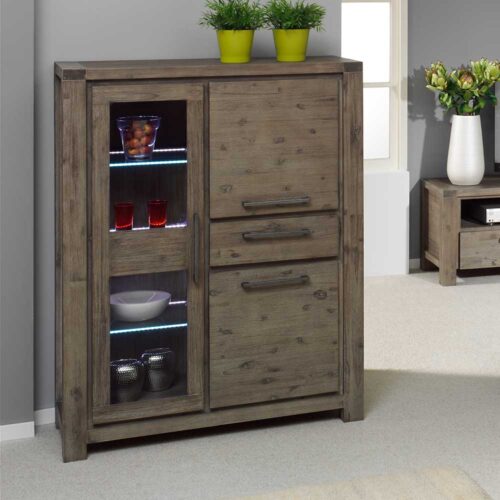 Massivholz Highboard aus Akazie dunkel Glastür