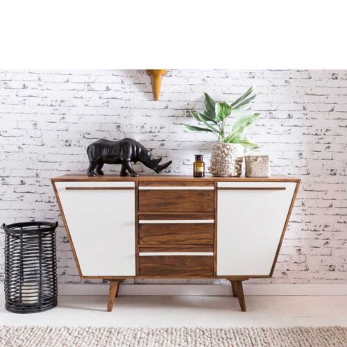 Sideboard aus Sheesham Massivholz und Weiß Trapezform