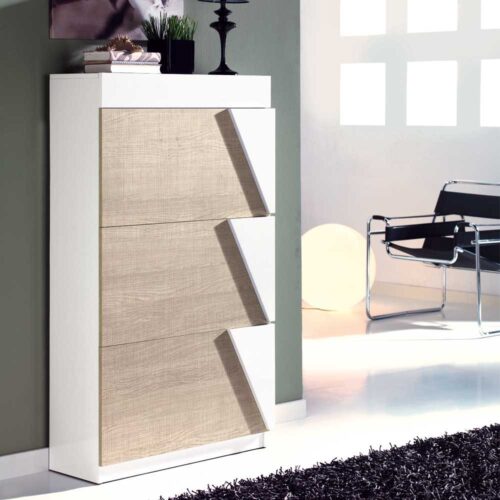 Flur Schuhschrank in Eiche Sonoma und Hochglanz Weiß modern