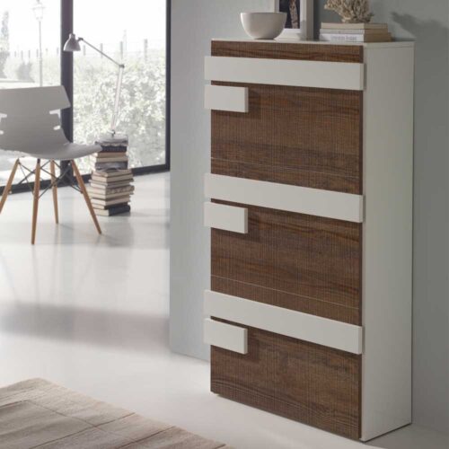 Klappenschrank für Schuhe Braun und Weiß Hochglanz