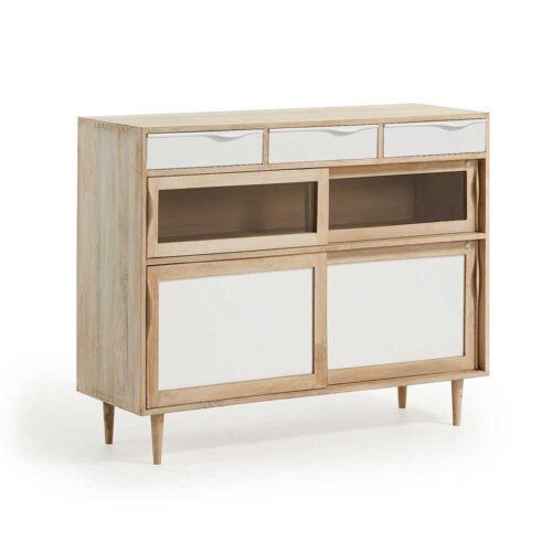 Sideboard mit Schiebetüren Weiß und Holz massiv