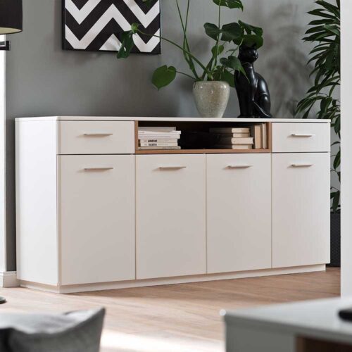 Wohnzimmer Sideboard in Weiß und Eiche 180 cm breit