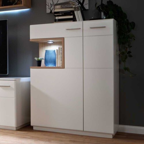 Wohnzimmer Highboard in Eiche und Weiß beleuchtetem offenem Fach