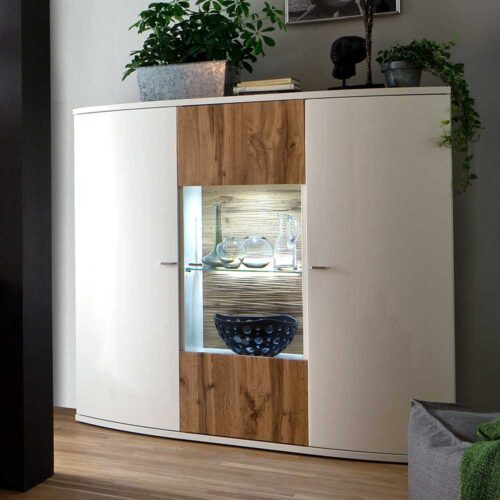 Wohnzimmer Highboard in Weiß Hochglanz und Wildeiche Dekor Glaseinsatz