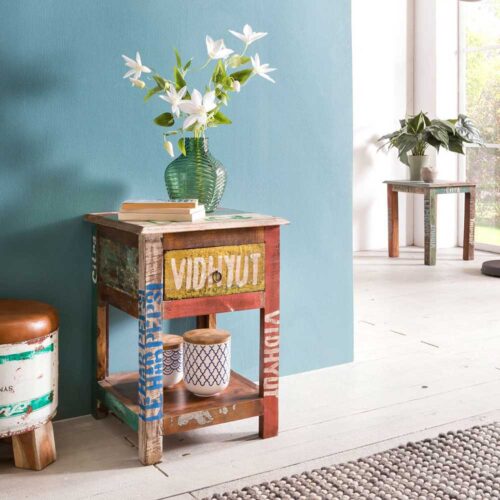 Shabby Chic Nachttisch in Bunt Mangobaum Massivholz