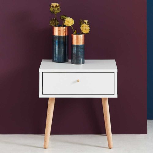 Beistelltisch in Weiß und Buche Schublade