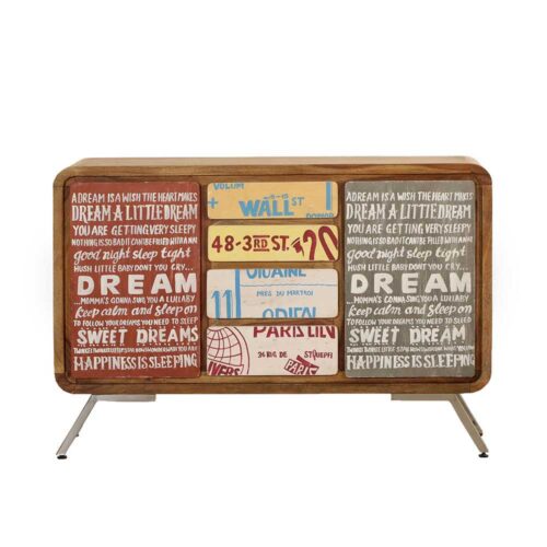 Design Anrichte mit bunten Schriftzügen Sheesham Massivholz