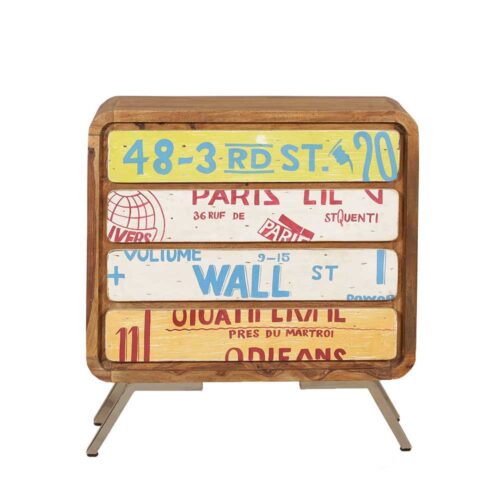 Schubkasten Kommode mit bunten Schriftzügen Sheesham Massivholz