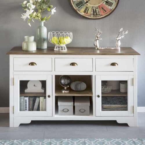 Design Sideboard mit Glastüren Weiß und Kiefer Massivholz