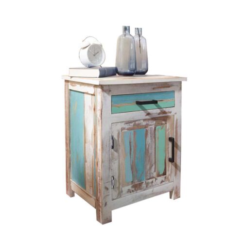 Shabby Chic Nachtschrank in Blau und Weiß gestreift Mangobaum Massivholz