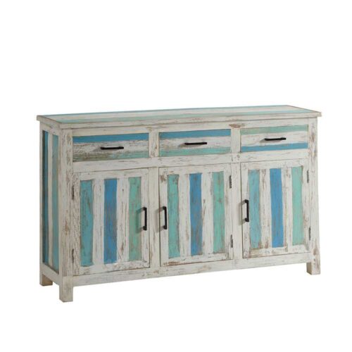 Shabby Chic Sideboard aus Mangobaum Massivholz Blau und Weiß gestreift