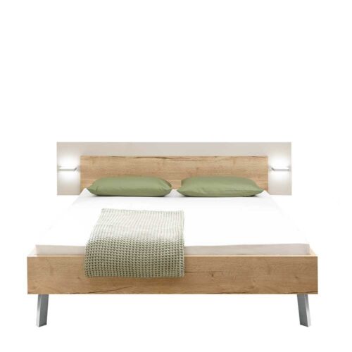 Bettgestell im Eiche Dekor und Hellgrau Hochglanz LED Beleuchtung