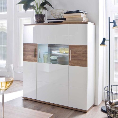 Wohnzimmer Highboard in Weiß hochglänzend und Eiche Dekor 120 cm breit