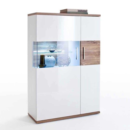 Hochglanz Highboard in Weiß und Eiche Dekor 135 cm hoch