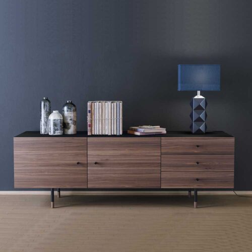 Retro Sideboard mit Walnuss furniert Schwarz Metall