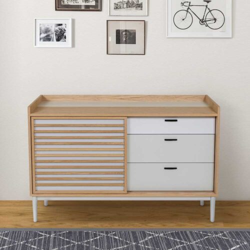 Kommode im Skandi Design hell Grau und Eichefarben
