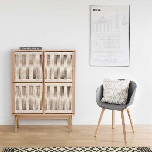 Design Wohnzimmer Highboard Esche furniert Kordel Geflecht versehen