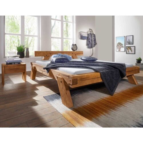 Massivholz Balkenbett mit Nachtkonsolen aus Kiefer Eiche Honigfarben (3-teilig)