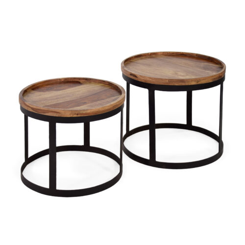 2er Set Beistelltisch aus Sheesham mit Metall in Rund