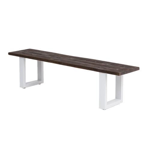 Sitzbank Byra mit Baumkante Massivholz Braun sandgestrahlt mit U Gestell in Weiß