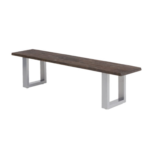 Sitzbank Byra mit Baumkante Massivholz Braun verwittert mit U Gestell in Grau