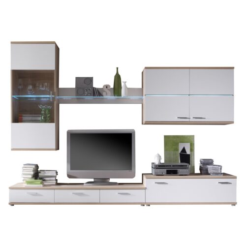 Wohnwand in Weiß / Sonoma Eiche mit LED Beleuchtung Blau