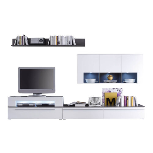 Wohnwand in Weiß und Anthrazit mit Glas inkl. Beleuchtung