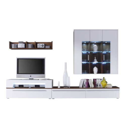 Wohnwand in Weiß und Walnuss mit Glas