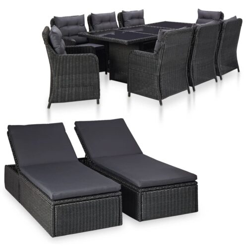 vidaXL 11-teilige Garten-Essgruppe Poly Rattan Schwarz