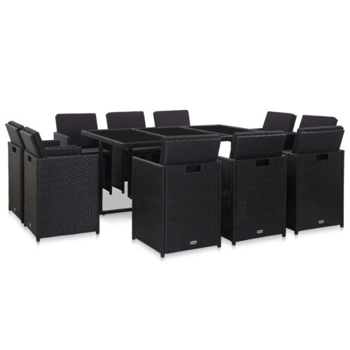 vidaXL 11-tlg. Garten-Essgruppe mit Auflagen Poly Rattan Schwarz
