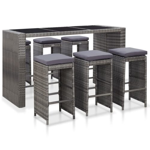 vidaXL 7-tlg. Gartenbar-Set mit Auflagen Poly Rattan Grau