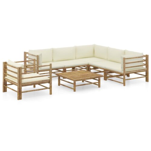 vidaXL 7-tlg. Garten-Lounge-Set mit Cremeweißen Kissen Bambus