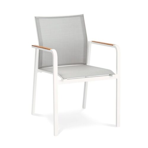 Stapelsessel "Paros" mit Teak-Armlehnen, filigran, rostfrei, komfortabel